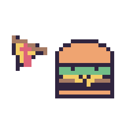 Pixel art Pizza simple 10 × 10 et Burger kawaii 16 × 16, grille 32 × 32