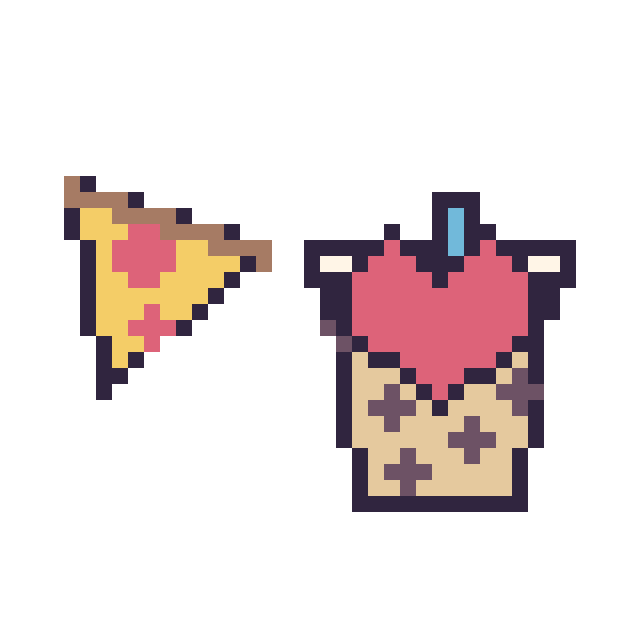 Modèle de pixel art Pizza simple 16 × 16 et Boba avec un cœur sur une grille de 40 par 40 cases