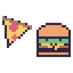 Pixel art Pizza simple 16 × 16 et Burger kawaii 16 × 16, grille 32 × 32