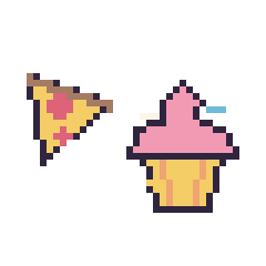 Pixel art Pizza simple 16 × 16 et Cupcake décoré, grille 40 × 40