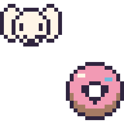 Pixel art Pochacco mini et Donut kawaii 16 × 16, grille 32 × 32