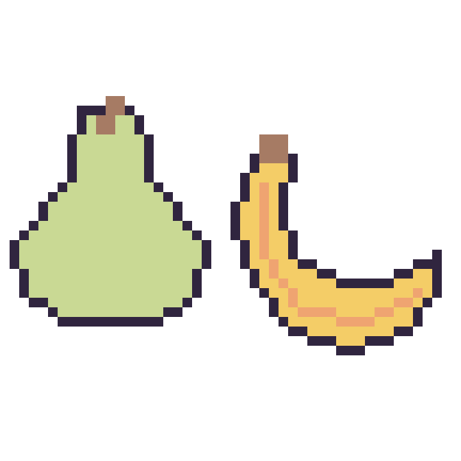 Modèle de pixel art Poire et Banane sur une grille de 48 par 48 cases