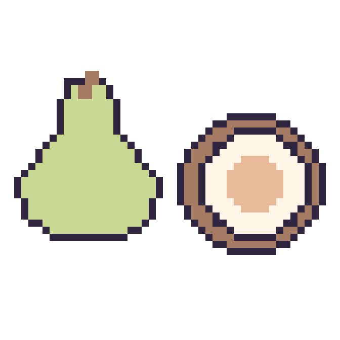 Modèle de pixel art Poire et Noix de coco sur une grille de 48 par 48 cases