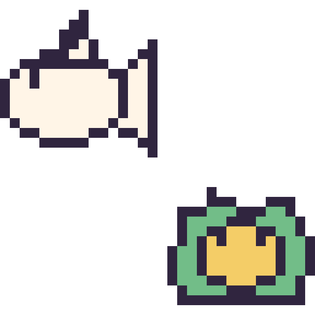 Modèle de pixel art Poissirène mini et Nucléos mini sur une grille de 32 par 32 cases