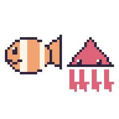 Pixel art Poisson-clown et Calamar, grille 48 × 48