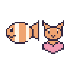 Pixel art Poisson-clown et Chat avec un cœur, grille 48 × 48