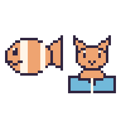 Pixel art Poisson-clown et Chat avec un livre, grille 48 × 48
