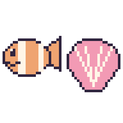 Pixel art Poisson-clown et Coquillage, grille 48 × 48