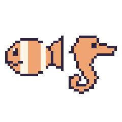 Pixel art Poisson-clown et Hippocampe, grille 48 × 48