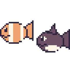 Pixel art Poisson-clown et Orque, grille 48 × 48