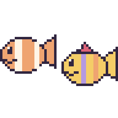 Pixel art Poisson-clown et Poisson tropical, grille 48 × 48