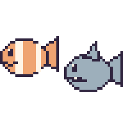 Pixel art Poisson-clown et Requin, grille 48 × 48