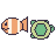 Pixel art Poisson-clown et Tortue, grille 48 × 48