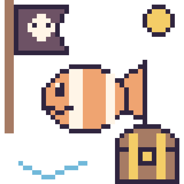 Modèle de pixel art Poisson-clown en aventure pirate sur une grille de 40 par 40 cases