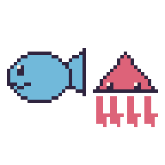 Pixel art Poisson et Calamar, grille 48 × 48