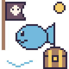 Pixel art Poisson en aventure pirate, grille 40 × 40