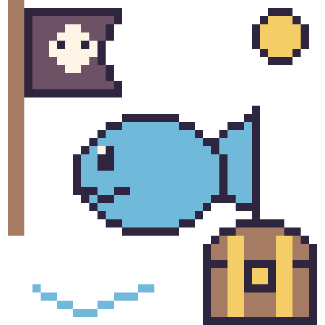 Modèle de pixel art Poisson en aventure pirate sur une grille de 40 par 40 cases
