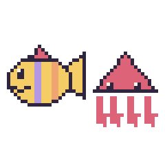 Pixel art Poisson tropical et Calamar, grille 48 × 48