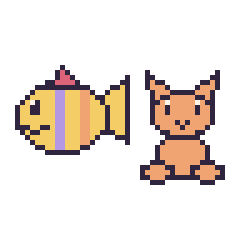 Pixel art Poisson tropical et Chat assis, grille 48 × 48
