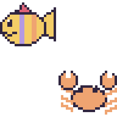 Pixel art Poisson tropical et Crabe, grille 48 × 48