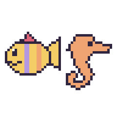 Pixel art Poisson tropical et Hippocampe, grille 48 × 48