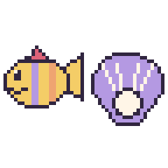 Pixel art Poisson tropical et Huître, grille 48 × 48