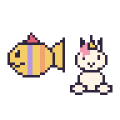 Pixel art Poisson tropical et Licorne assis, grille 48 × 48