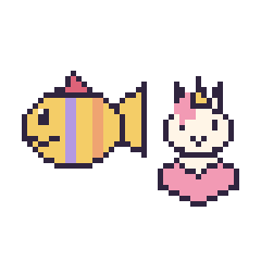 Pixel art Poisson tropical et Licorne avec un cœur, grille 48 × 48