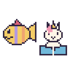 Pixel art Poisson tropical et Licorne avec un livre, grille 48 × 48