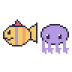 Pixel art Poisson tropical et Pieuvre, grille 48 × 48