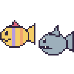Pixel art Poisson tropical et Requin, grille 48 × 48