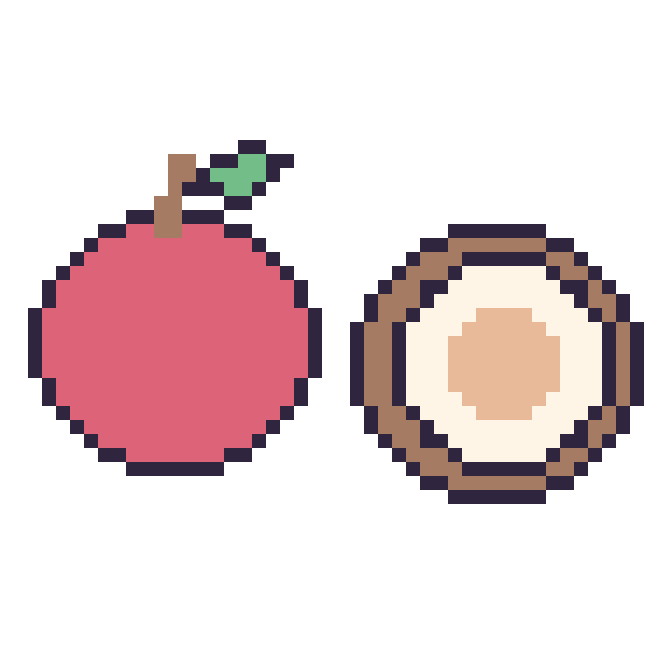 Modèle de pixel art Pomme et Noix de coco sur une grille de 48 par 48 cases