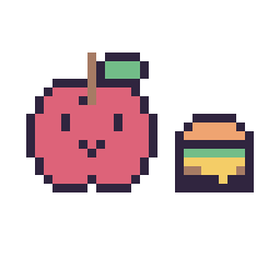 Pixel art Pomme kawaii 16 × 16 et Burger simple 10 × 10, grille 32 × 32