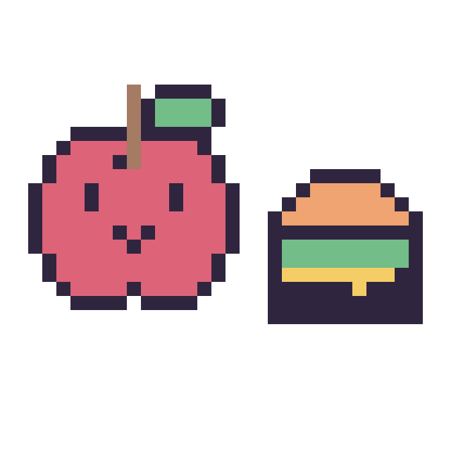 Modèle de pixel art Pomme kawaii 16 × 16 et Burger simple 12 × 12 sur une grille de 32 par 32 cases