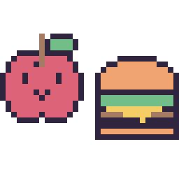 Pixel art Pomme kawaii 16 × 16 et Burger simple 16 × 16, grille 32 × 32