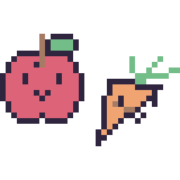 Pixel art Pomme kawaii 16 × 16 et Carotte kawaii 16 × 16, grille 32 × 32