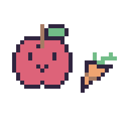 Pixel art Pomme kawaii 16 × 16 et Carotte simple 10 × 10, grille 32 × 32