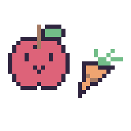 Pixel art Pomme kawaii 16 × 16 et Carotte simple 12 × 12, grille 32 × 32