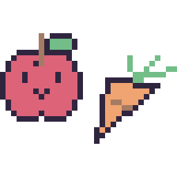 Pixel art Pomme kawaii 16 × 16 et Carotte simple 16 × 16, grille 32 × 32