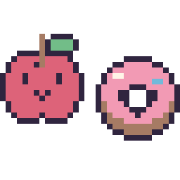Pixel art Pomme kawaii 16 × 16 et Donut kawaii 16 × 16, grille 32 × 32