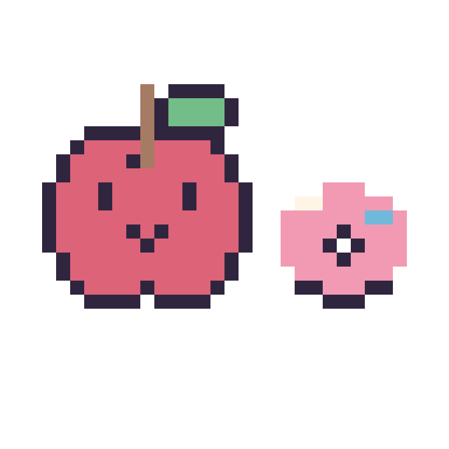 Modèle de pixel art Pomme kawaii 16 × 16 et Donut simple 10 × 10 sur une grille de 32 par 32 cases