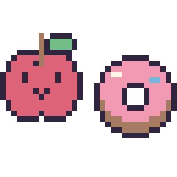 Pixel art Pomme kawaii 16 × 16 et Donut simple 16 × 16, grille 32 × 32
