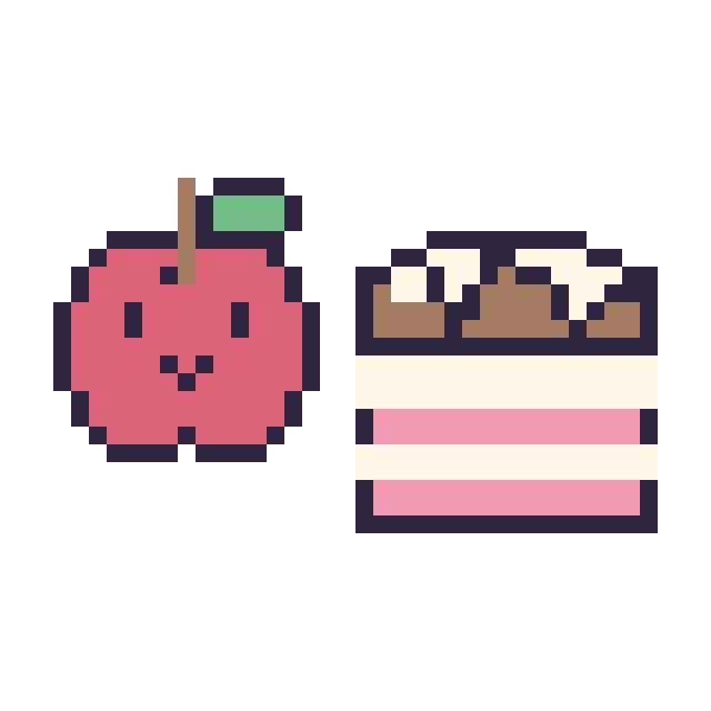Modèle de pixel art Pomme kawaii 16 × 16 et Gâteau au chocolat sur une grille de 40 par 40 cases