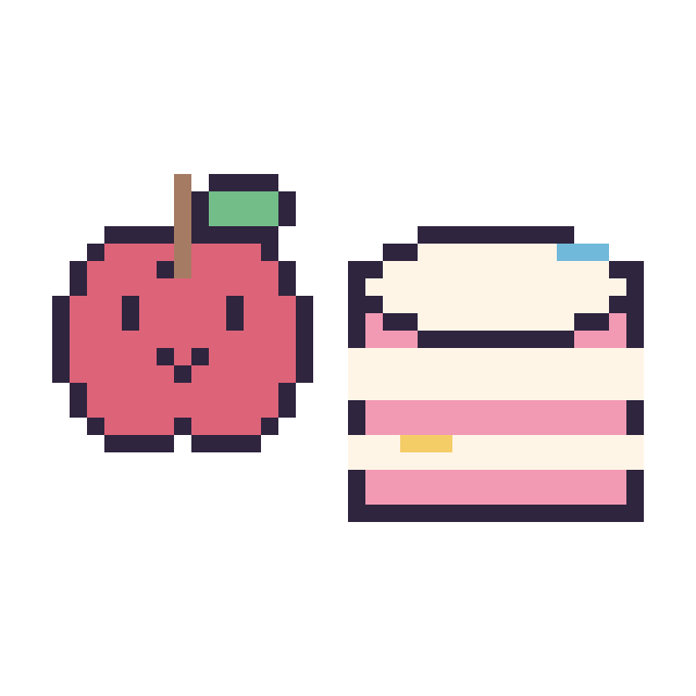 Modèle de pixel art Pomme kawaii 16 × 16 et Gâteau décoré sur une grille de 40 par 40 cases