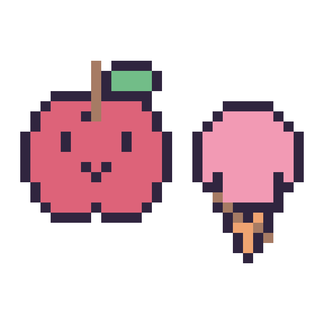 Modèle de pixel art Pomme kawaii 16 × 16 et Glace kawaii 16 × 16 sur une grille de 32 par 32 cases