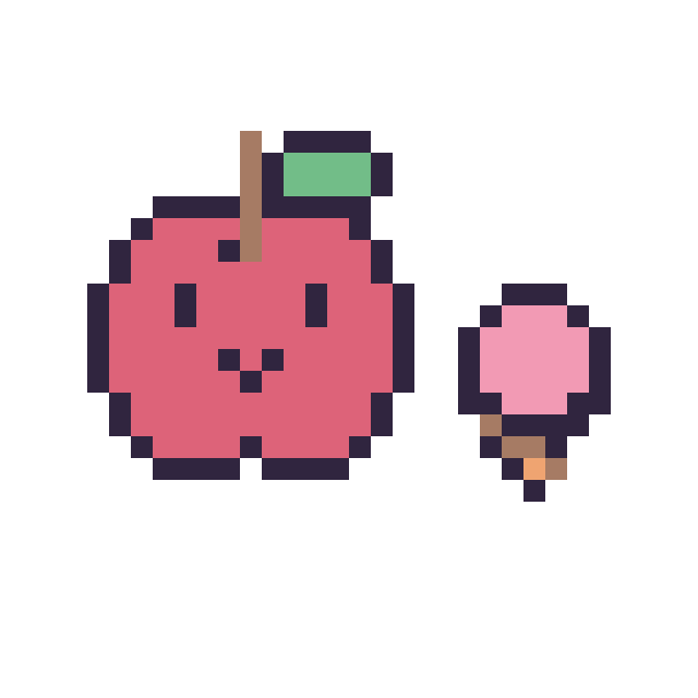 Modèle de pixel art Pomme kawaii 16 × 16 et Glace simple 10 × 10 sur une grille de 32 par 32 cases