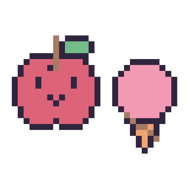 Modèle de pixel art Pomme kawaii 16 × 16 et Glace simple 16 × 16 sur une grille de 32 par 32 cases