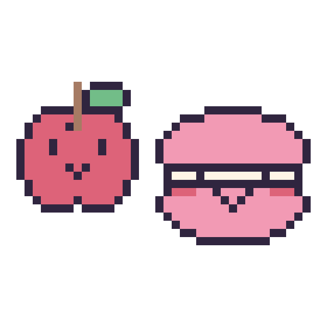 Modèle de pixel art Pomme kawaii 16 × 16 et Macaron kawaii sur une grille de 40 par 40 cases