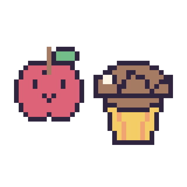Modèle de pixel art Pomme kawaii 16 × 16 et Muffin au chocolat sur une grille de 40 par 40 cases
