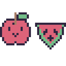 Pixel art Pomme kawaii 16 × 16 et Pastèque kawaii 16 × 16, grille 32 × 32